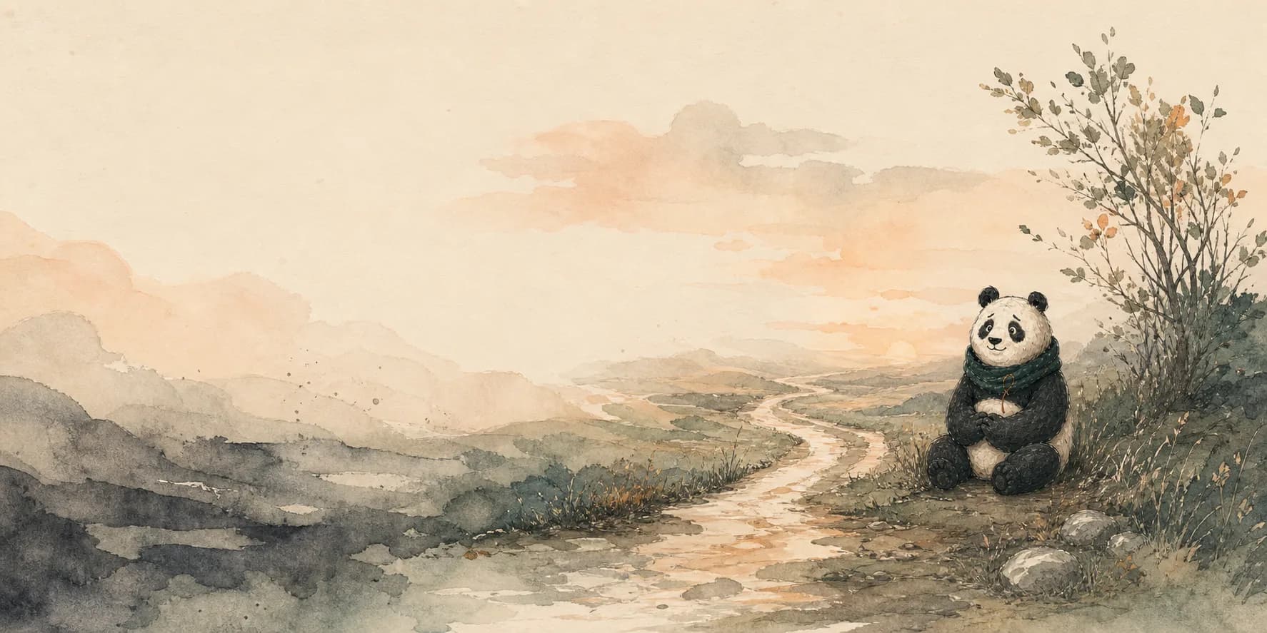 Tinta sitting beside a winding path at sunrise